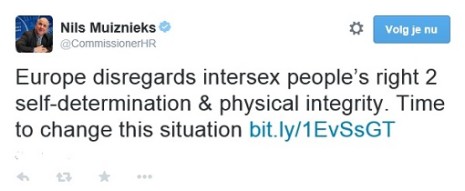 Mensenrechtencommissaris Nils Muiznieks - tweet Intersekse - mei 2015